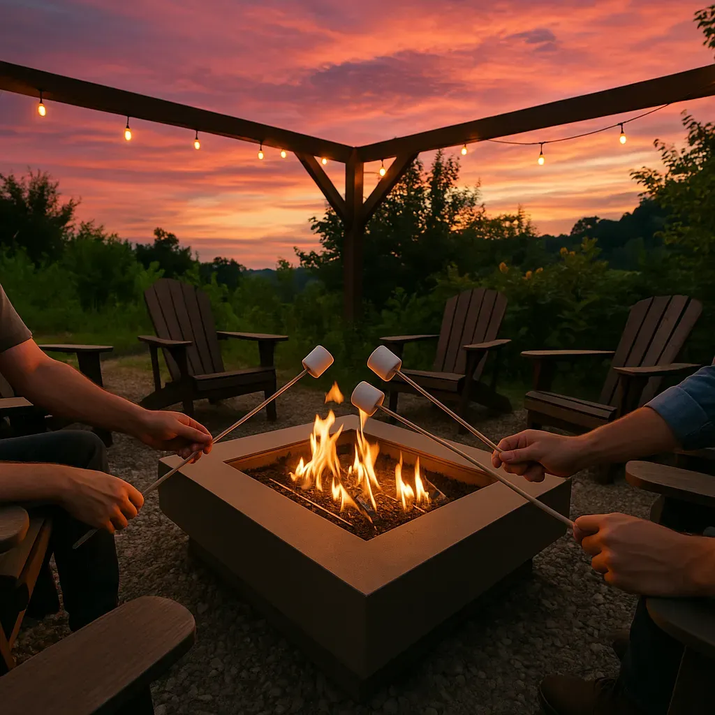 Fire pit glowing at dusk