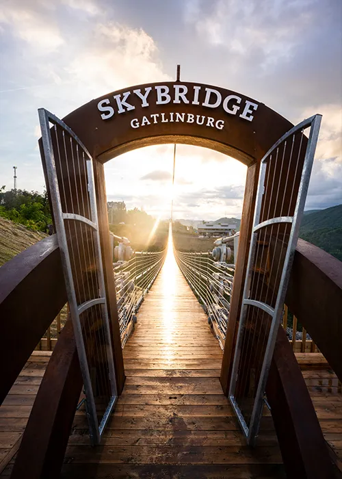 Gatlinburg SkyBridge and town lights at dusk