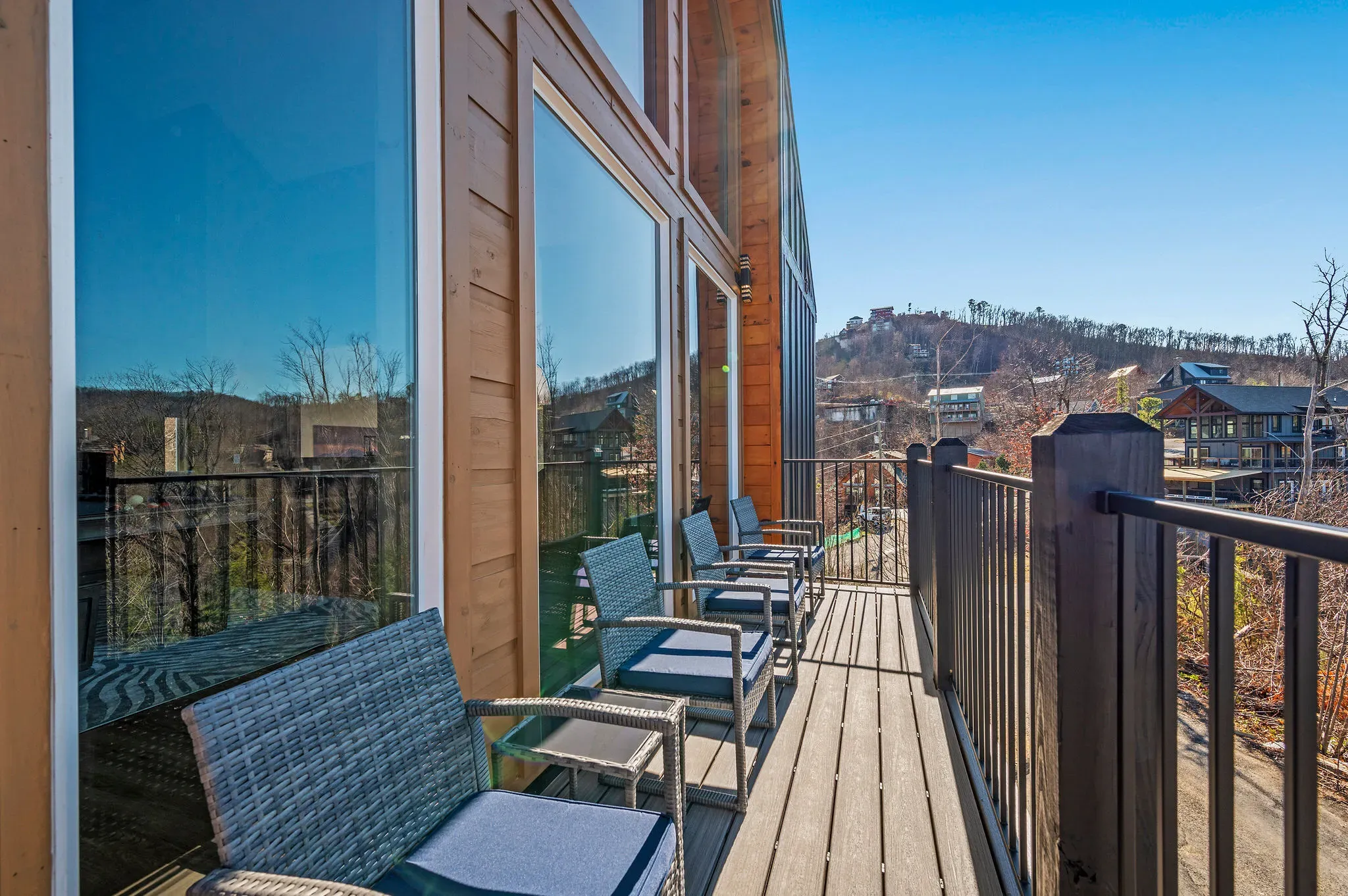 Deck overlooking layered ridgelines